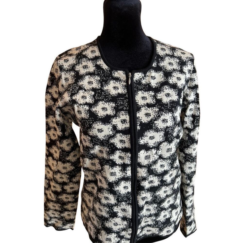 BILINE Women's Size M Cardigan, Full Zip, Black With Cream Floral